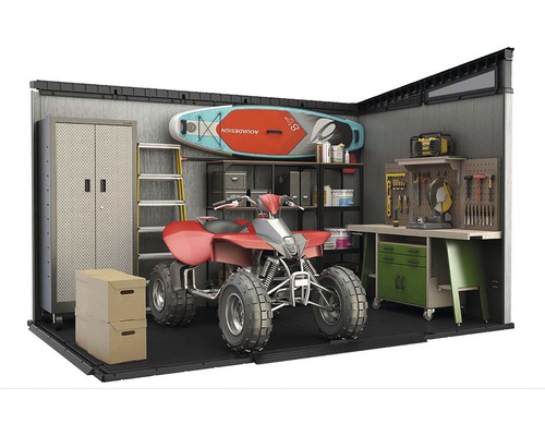 Șopron spațios pentru scule cu sisteme de depozitare, banc de lucru și quad