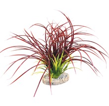 Plantă artificială de acvariu cu frunze roșii și verzi pe o bază de piatră