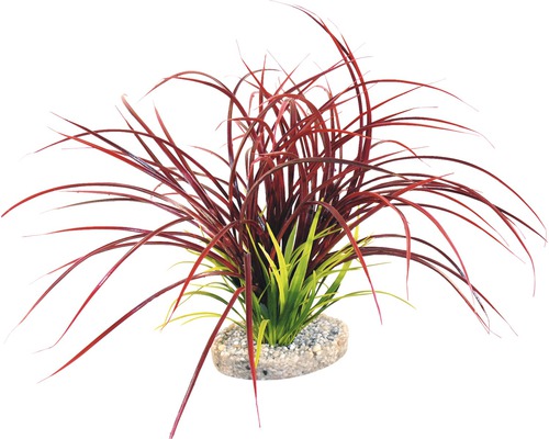 Plantă artificială de acvariu cu frunze roșii și verzi pe o bază de piatră