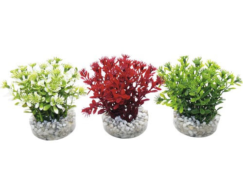 Plantă acvariu artificială Sydeco Nano Flowering Bush 10 cm diferite sortimente Trei plante artificiale de acvariu din plastic, în alb, roșu și verde
