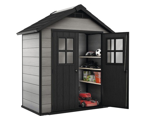 Cabină de grădină cu ușă dublă și rafturi pentru depozitarea uneltelor de grădină