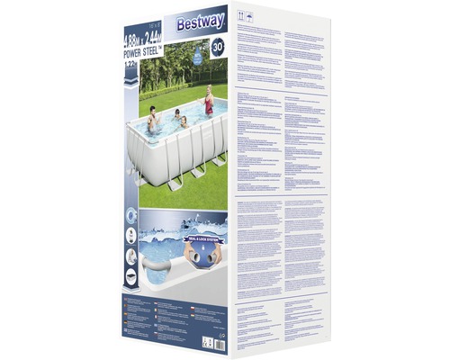 Ambalaj piscină Bestway Power Steel Frame cu informații despre produs și instrucțiuni de utilizare.