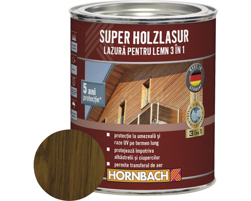 Lazură pentru lemn 3 în 1 Super Holzlasur nuc 0,75 l Lazură pentru lemn de la Hornbach în cutie cu mostra de culoare