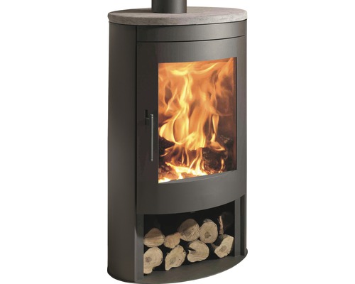 Șemineu pe lemne Panadero Oval 1 oțel negru 8,7 kW cu capac piatră naturală și spațiu depozitare lemne Șemineu cu foc de lemne și bușteni