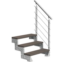 Scară exterioară cu trei trepte, sub-structură metalică și balustradă cu cabluri de oțel.