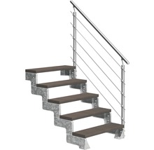 Scară cu cadru metalic și trepte din lemn, plus balustradă cu cabluri din oțel