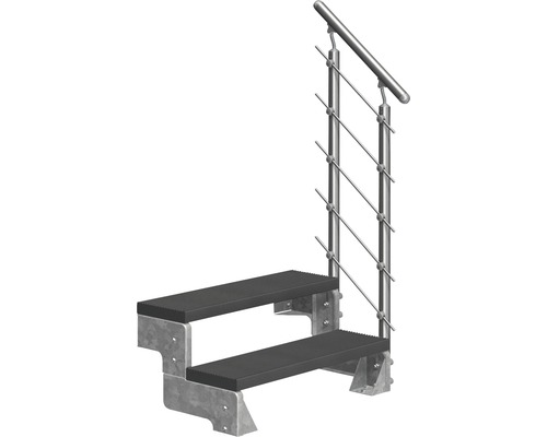 Scară de exterior laterală secundară Pertura Tallis 2 pași cu balustradă și mână curentă metalică Scară de exterior laterală secundară Pertura Tallis 2 pași cu balustradă și mână curentă metalică