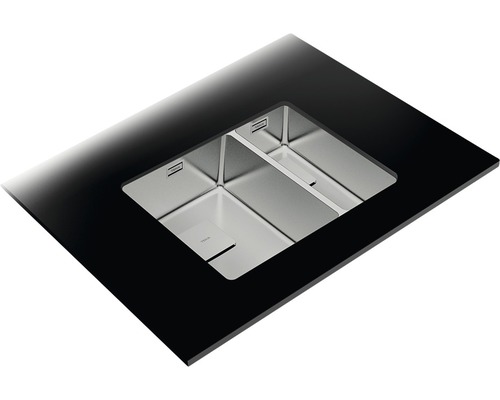 Chiuvetă din oțel inoxidabil cu două cuve într-un blat negru