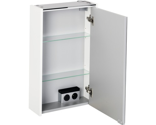 Dulap cu oglindă alb deschis, cu două rafturi din sticlă și element de priză