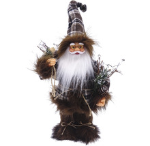 Moș Crăciun decorativ cu căciulă în carouri, barbă și ramuri de brad ca decorație festivă