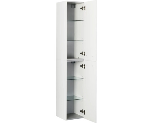 Dulap înalt alb cu uși deschise și rafturi de sticlă