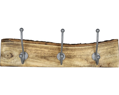 Cuier de perete cu 3 cârlige 350 mm, lemn/oțel, lemn zincat Cuier cu trei cârlige pe scândură de lemn