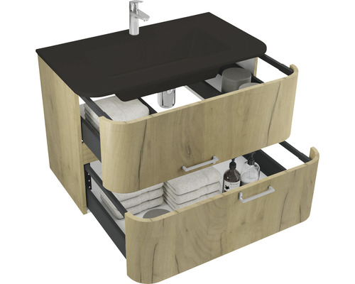 Dulap de bază pentru lavoar cu două sertare deschise, lavoar și robinet