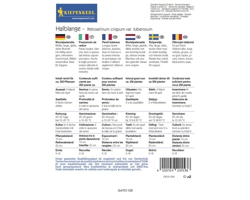 Pliculeț cu semințe de pătrunjel de rădăcină cu informații despre cultivare și recoltare