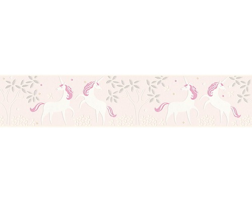Bordură tapet cameră copii 36990-3 unicorni roz 5 m x 13 cm Bordură tapet cu motive de unicorn și copac