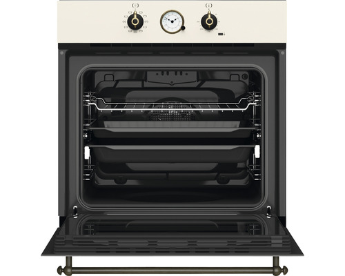 Cuptor incorporabil cu ușa deschisă, comenzi și interior cu tăvi