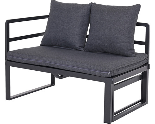 Bancă de grădină cu două perne gri pe o structură metalică