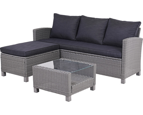 Set mobilier grădină/terasă Garden Place Carla ratan 3 piese 4 locuri gri Set de lounge de grădină gri cu canapea, taburet și masă cu blat de sticlă