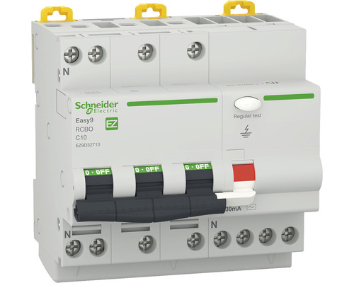 Întreruptor automat cu protecție diferențială Schneider Easy9 RCBO 3P+N 10A 4,5kA/30mA, curbă C