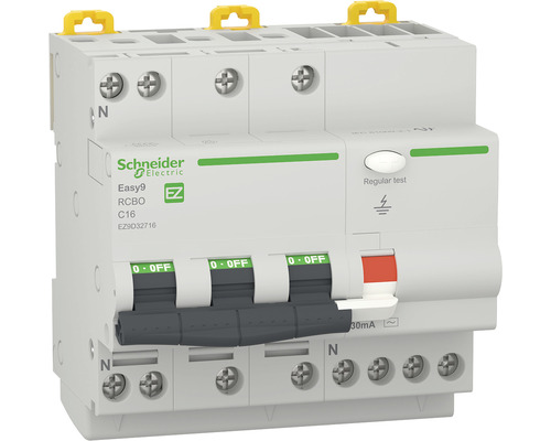 Întreruptor automat cu protecție diferențială Schneider Easy9 RCBO 3P+N 16A 4,5kA/30mA, curbă C