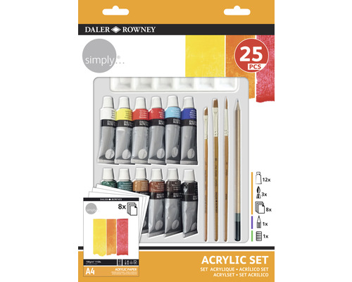 Set Daler Rowney de vopsele acrilice cu pensule și hârtie