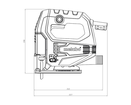 Desen tehnic cu dimensiunile fierăstrăului vertical Metabo