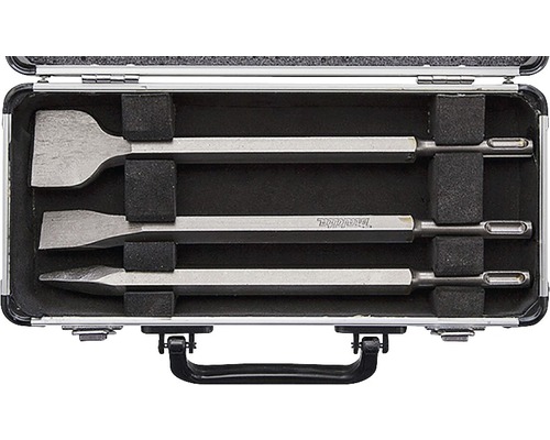 Set de dălți cu dălți ascuțite, plate și late într-o cutie de scule