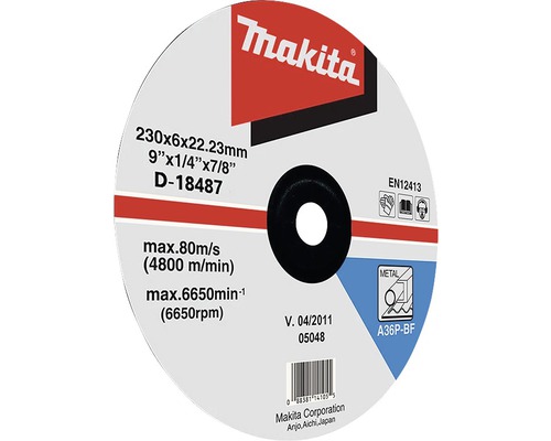 Disc de tăiere Makita cu dimensiunile de 230x6x22,23 milimetri.