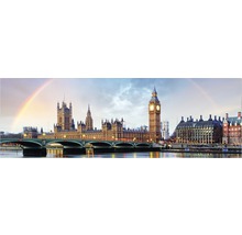 Panoramă a Londrei cu Big Ben, Houses of Parliament, Tamisa și un curcubeu