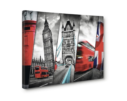 Tablou canvas cu repere londoneze precum Big Ben, Tower Bridge și un autobuz roșu cu etaj