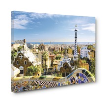 Imprimare pe pânză cu vedere la Barcelona, cu clădiri și cer albastru