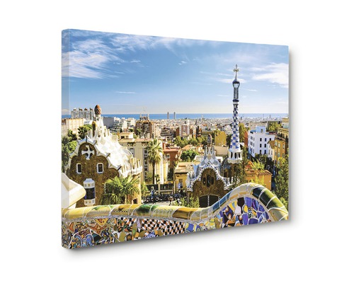 Imprimare pe pânză cu vedere la Barcelona, cu clădiri și cer albastru