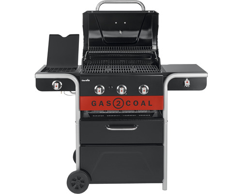 Grătar pe gaz și cărbune cu rafturi laterale și spațiu de depozitare