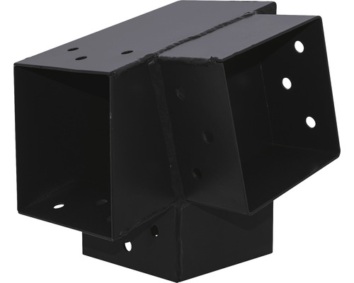 Conector grinzi lemn tip „E” Suki 90x90 mm, unghi 75° stânga, oțel zincat negru Conector stâlp negru pentru construcții din lemn cu mai multe găuri