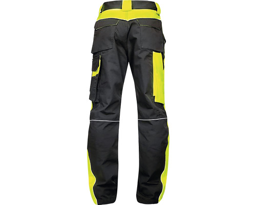 Pantaloni de lucru negri cu accente galbene, vedere din spate.