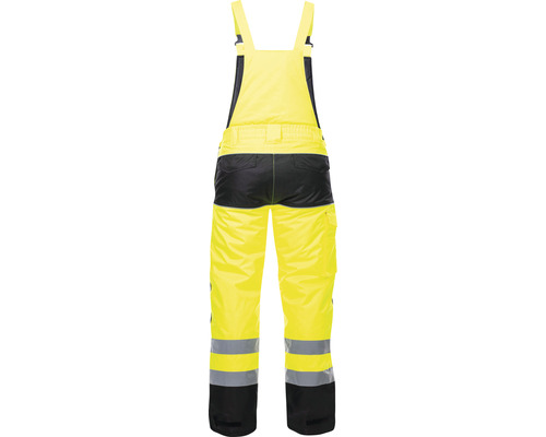 Pantaloni de lucru galbeni cu bretele și benzi reflectorizante