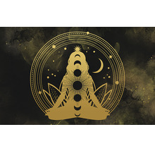 Ilustrație a unei persoane în poziție de meditație cu fazele lunii și flori de lotus