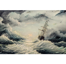 Pictură a unei nave pe o mare furtunoasă
