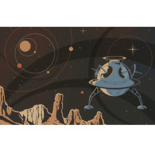 Ilustrație cu un modul lunar pe o suprafață stâncoasă cu planete în fundal