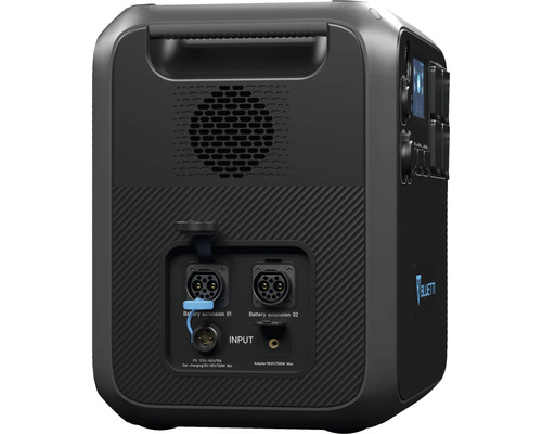 Spatele stației electrice Bluetti cu conexiuni pentru extinderea bateriei și intrare de alimentare