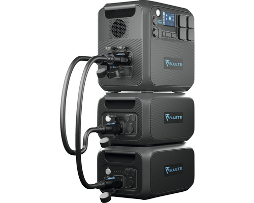 Centrală electrică Bluetti cu mai multe module de extensie și cabluri