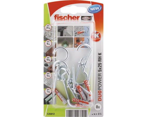 Dibluri plastic cu cârlig rotund Fischer DuoPower 5x25 mm, 8 bucăți