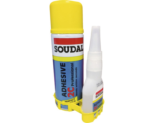 Adeziv bicomponent Soudal set adeziv instant 100 g și activator spray 400 g Adeziv Soudal 2C Profi și flacon de adeziv Soudal 2C