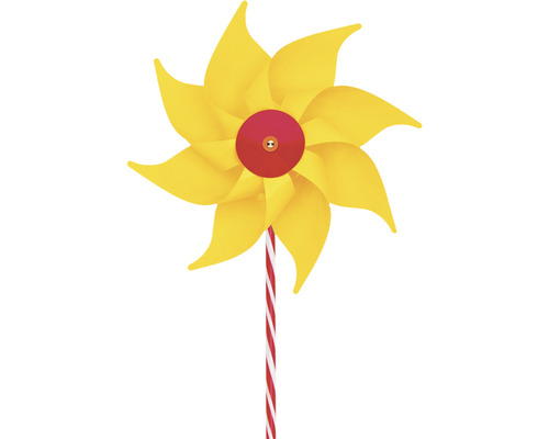 Morișcă de vânt galbenă cu tijă în dungi roșii și albe