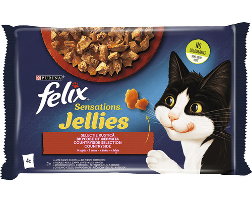Hrană umedă pentru pisici PURINA Felix Sensations cu vită și rosii/pui și morcov in aspic 4x85g