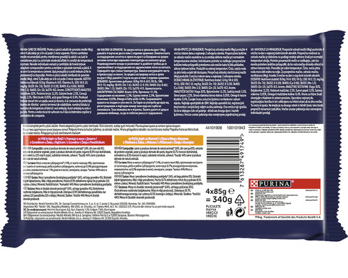 Spatele ambalajului Purina hrană pentru pisici multipack cu ingrediente