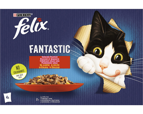 Hrană umedă pentru pisici PURINA Felix Fantastic cu vită și pui în aspic 4x85g
