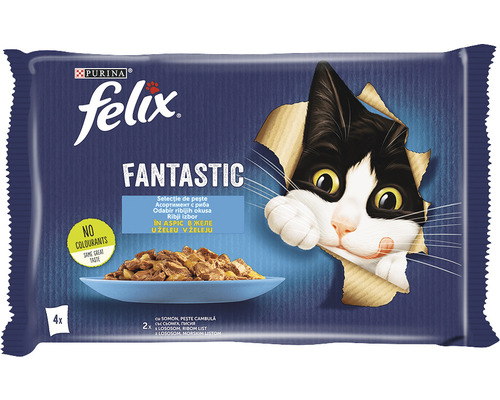 Hrană umedă pentru pisici PURINA Felix Fantastic cu somon/pește cambula în aspic 4x85g