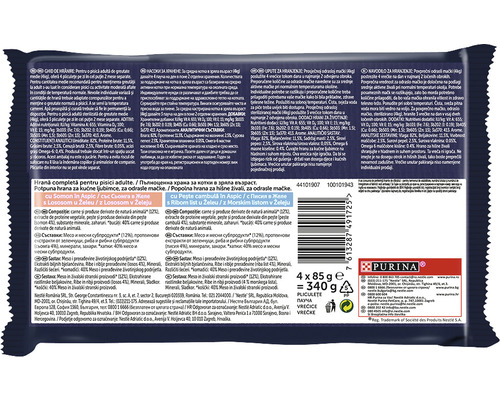 Spatele ambalajului de hrană pentru pisici Purina, cu recomandări de hrănire și lista ingredientelor