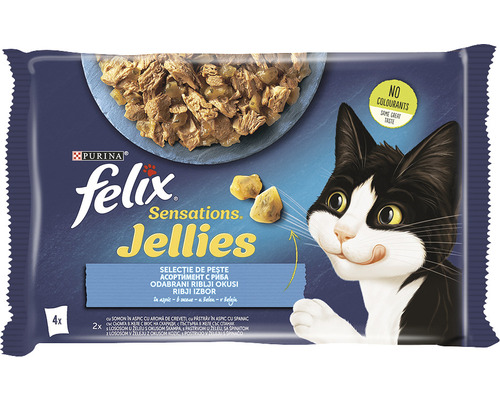 Hrană umedă pentru pisici PURINA Felix Sensations cu somon și creveți/păstrăv și spanac în aspic 4x85g